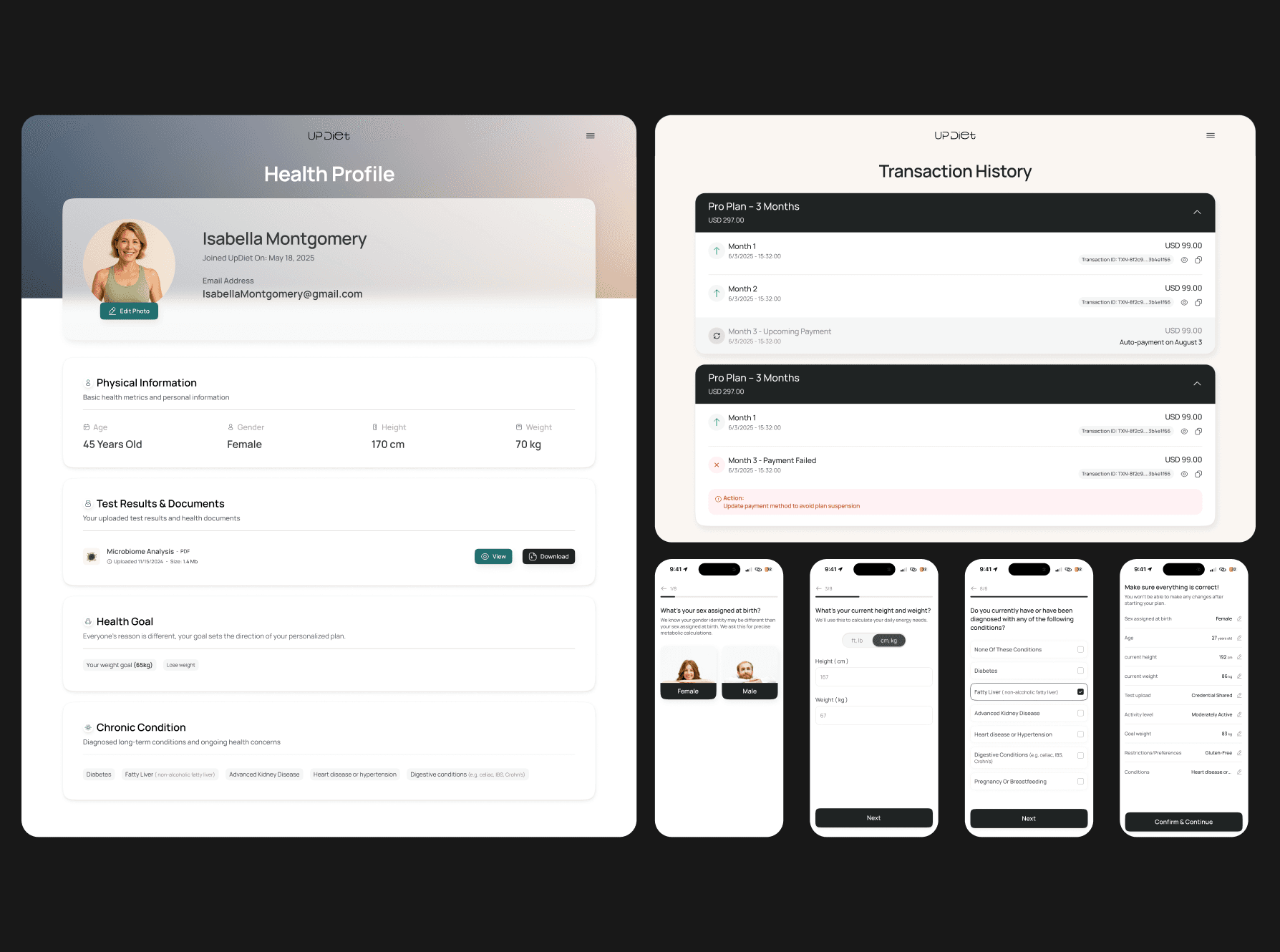 Health profile, payments, and onboarding