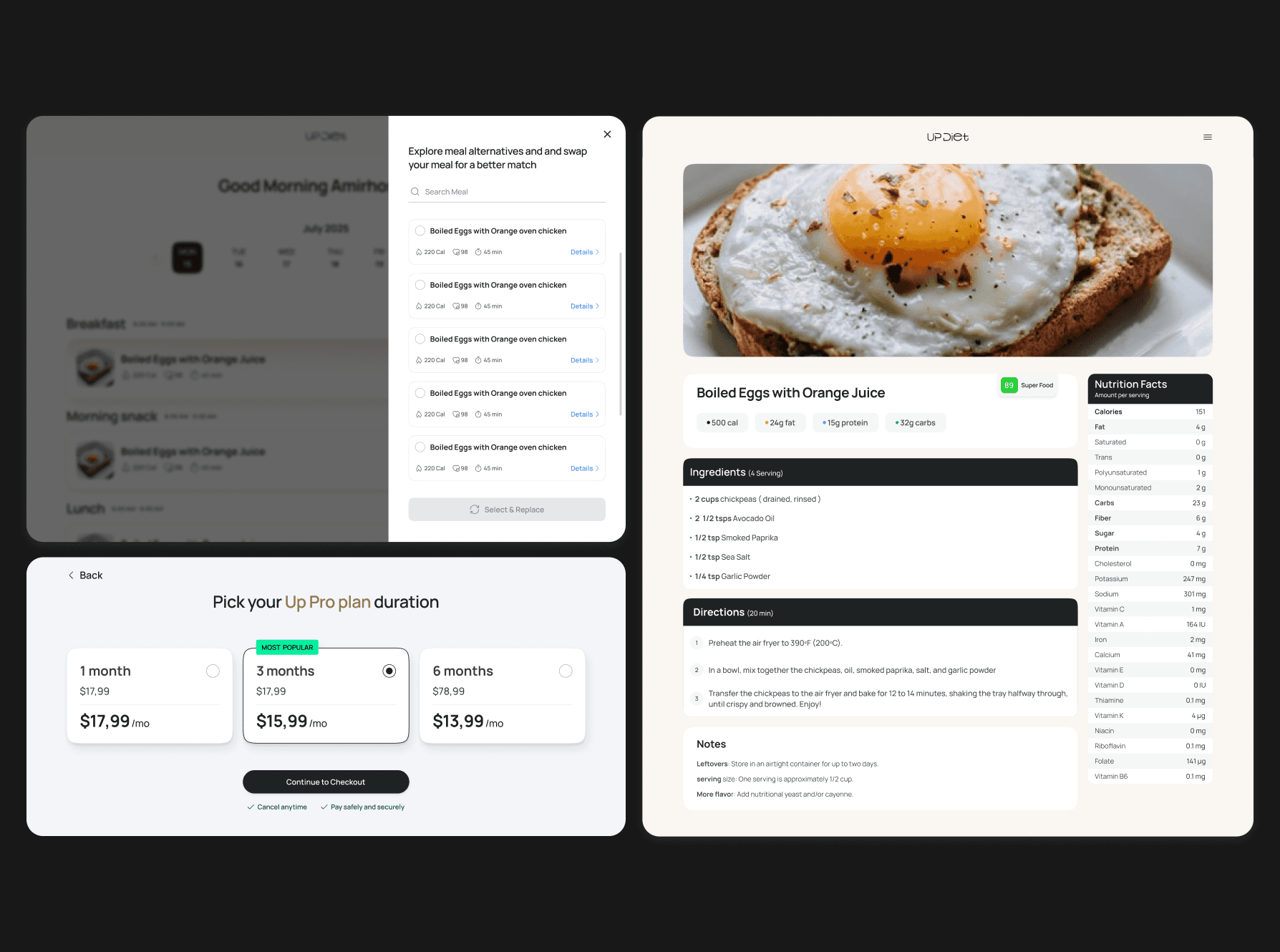 Meal swap, recipes, and subscription plans